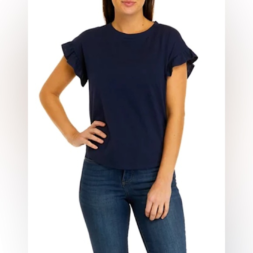 FREE WHEN BUNDLED Crown & Ivy XS Petite Short Sleeve Ruffle Navy T-Shirt